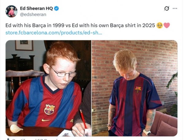 Ca sĩ Hoàng Trùm đăng ảnh mình 8 và 34 tuổi mặc áo đấu Barcelona